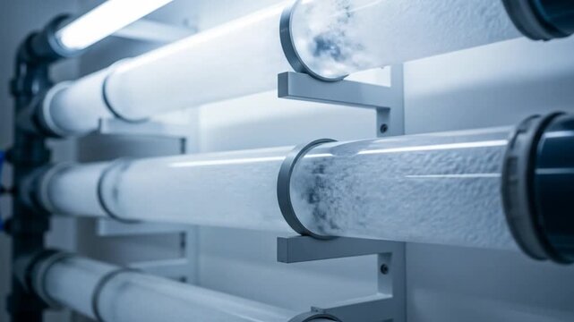 Close-up of water filtration system with clear tubes and light.