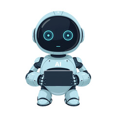 Adorable AI robot character holding a futuristic tablet, representing advanced technology and artificial intelligence