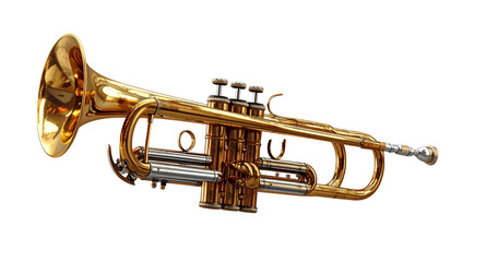 Obraz premium Realistic, Dynamic Brass Trumpet Exploded View, Deconstructed Components, Abstract Art, Transparent Background.