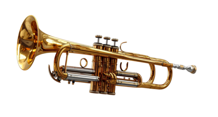  Realistic, Dynamic Brass Trumpet Exploded View, Deconstructed Components, Abstract Art, Transparent Background.