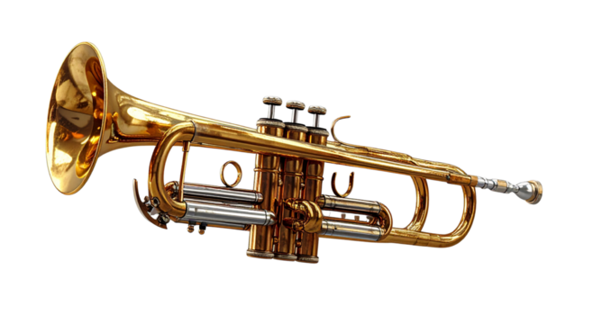  Realistic, Dynamic Brass Trumpet Exploded View, Deconstructed Components, Abstract Art, Transparent Background.