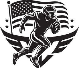 Dynamic American football player runs with ball USA flag
