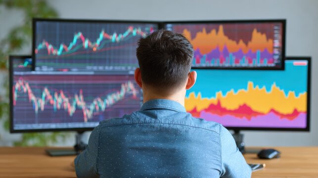 Digital supremacy concept. Professional analyzing market trends on multiple monitors.