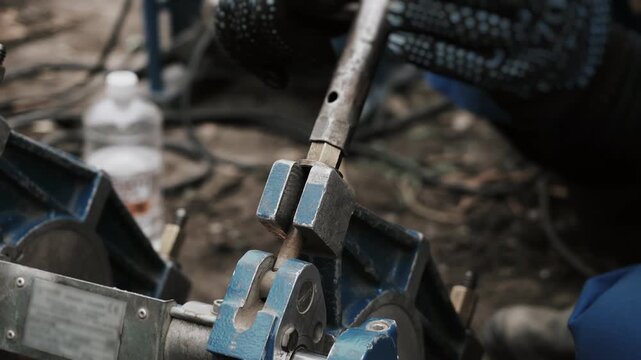 Close-up of a worker's gloved hands tightening a pipe welding machine fastener with a wrench.