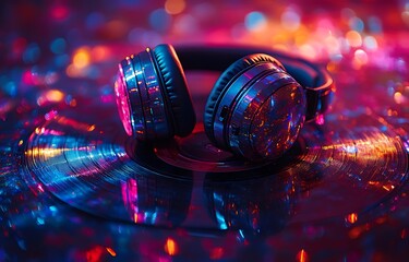 Close-up of sleek, modern headphones resting on a vinyl record, illuminated by vibrant, abstract bokeh lights, creating a dazzling, atmospheric visual