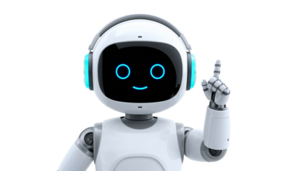 Adorable robot with headphones and a glowing blue happy face points finger upwards, suggesting an idea or a solution