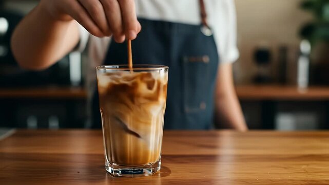 Person pouring freshly brewed coffee into a tall glass filled with ice and milk, creating beautiful swirls of color and texture, standing on a wooden bar surface.