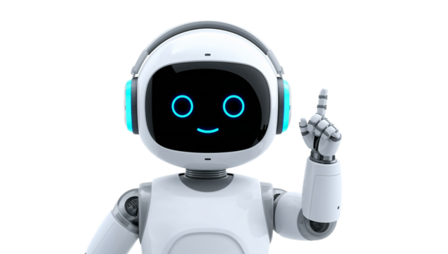 Adorable robot with headphones and a glowing blue happy face points finger upwards, suggesting an idea or a solution