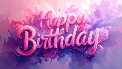 Pink "Happy Birthday" script over vibrant, watercolor-style abstract background