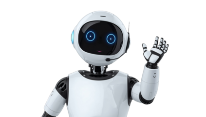 Friendly robot waving hello, communication assistant for businesses, technology, and customer service