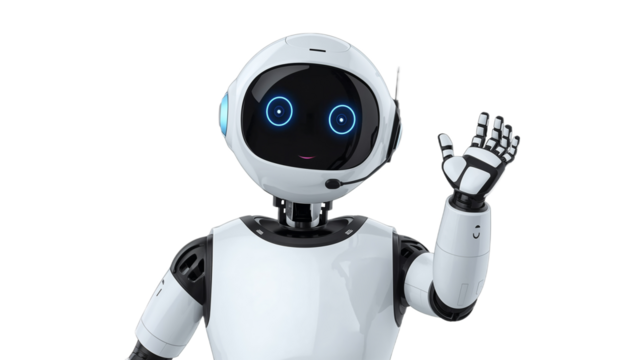 Friendly robot waving hello, communication assistant for businesses, technology, and customer service