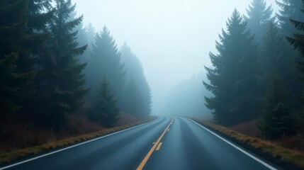 Fototapeta premium Misty Forest Road Winding Through Evergreen Trees on a Foggy Day