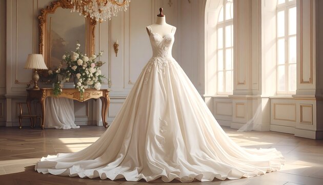 Elegant Wedding Gown on a Mannequin in a Bright and Luxurious Room