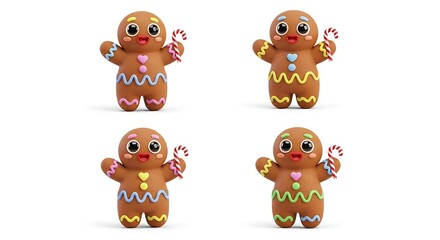 Gingerbread men characters holding candy canes against white