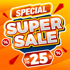 Special Super Sale Banner Design with Bright Orange Background, Discount Promotion Template, Big Bold Typography for Marketing, Retail, Online Shop, Ecommerce, Advertisement and Seasonal Offer