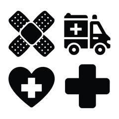 Obraz premium Vector set of medical icons ambulance heart bandage and plus sign scalable eps graphic silhouette White background