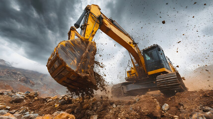 Yellow excavator digging into the ground