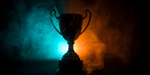 Golden trophy on podium with dramatic smoke and lighting