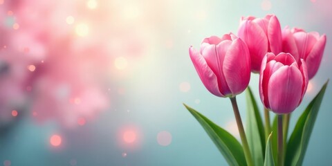 Fototapeta premium A delicate bouquet of pink tulips graces a soft, blurred background, conveying a sense of springtime beauty and gentle optimism