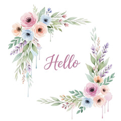 Soft watercolor floral wreath with hello text isolated on transparent background