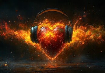 A Fiery Heart with Headphones, Symbolizing Passionate Music and Emotional Connection, Surrounded by Flames
