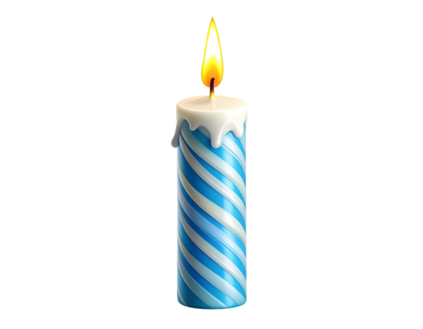 Single Striped Birthday Candle with Bright Flame, Vertical Standing, Isolated on Transparent Background 