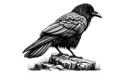 crow perched on a rock in profile looking to the right on a white background