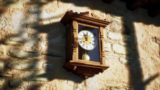 Sunlight casts leafy shadows across a vintage wooden pendulum clock, marking the passage of time on a rustic, sun-drenched stone wall