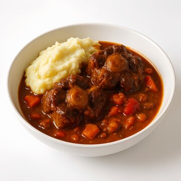 A close-up shot of a hearty oxtail stew served with creamy mashed potatoes in a white bowl. This comfort food is a perfect meal.