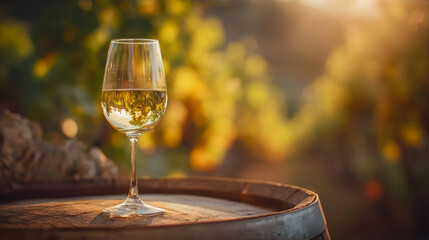 Glass of white wine with barrel in vineyard