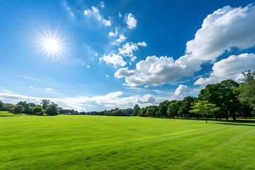 Fototapeta premium Vast green meadow under a bright sunny sky with fluffy white clouds