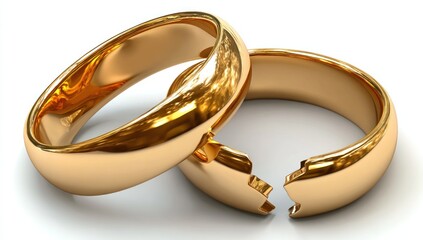 Two gold wedding rings, one broken, lying on a white background, symbolizing separation