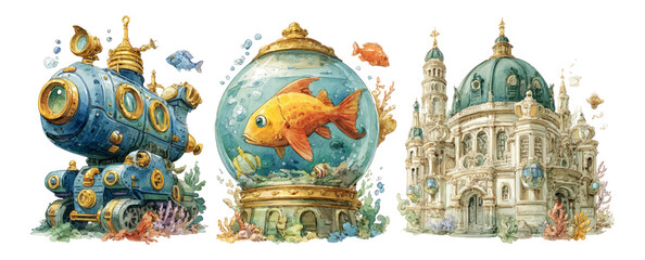 Charming Underwater Scene with Submarine, Goldfish, and Dome