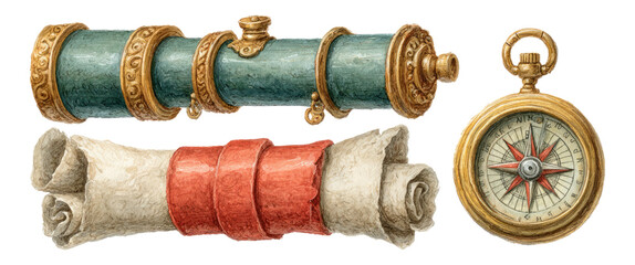 Vintage Adventurer Tools: Scroll, Compass, and Tube Illustration