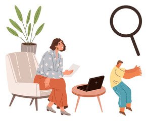 Fototapeta premium Woman sits on chair holding paper, laptop sits on table, man gestures by magnifying glass and plant. Ideal for research, analysis, work, exploration, curiosity collaboration discovery. Simple flat