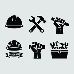 Obraz premium Labor day vector silhouettes set featuring hard hats wrenches fists and toolbox for industrial designs silhouette White background