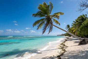 A leaning palm tree casts a shadow on a sandy beach with turquoise water