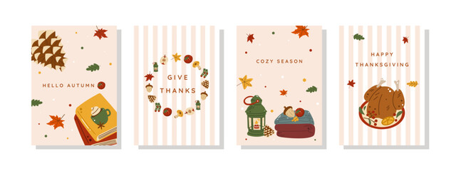 Cozy fall and Thanksgiving greeting card set with autumn leaves, pinecones, books, apples, and warm seasonal vibes.