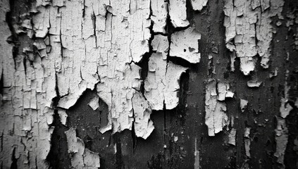 Obraz premium Close-up monochrome shot of weathered wood with peeling, cracked paint, revealing texture