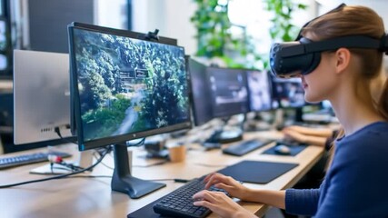 Woman experiencing virtual reality with headset digital environment interaction and computer use - Powered by Adobe