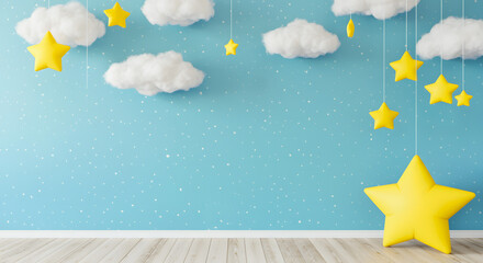 Cartoon kids blue night room with toys and stars