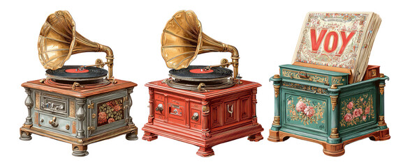Vintage gramophones with ornate designs on transparent background