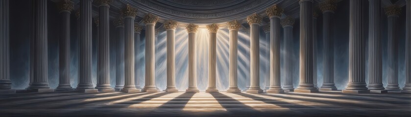 Obraz premium Majestic Ancient Columns in Radiant Light with Soft Shadows and Atmospheric Depths for Scenic and Artistic Themes
