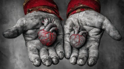 Dark Gray Hands Holding Small Heart-shaped Organs with Red Veins in Gray Background