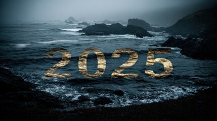 Dark Ocean Coastline with Large Year 2025 Text in Sand and Misty Sky
