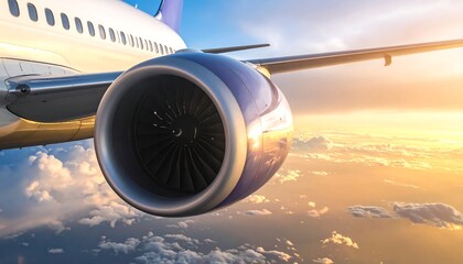 Fototapeta premium Jet engine and wing of airplane above clouds at sunrise