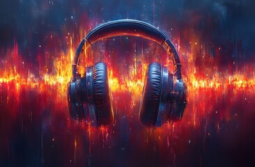 Immersive Audio Experience Vibrant Headphones Amidst Fiery Digital Energy