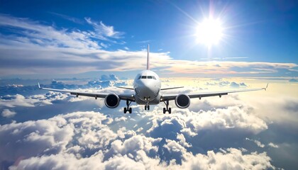 Obraz premium Jetliner above fluffy clouds, sunny day