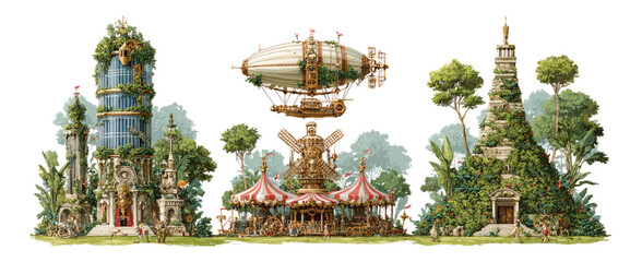 Whimsical Steampunk Landscape with Vintage Airship and Structures