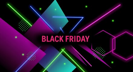 Black friday neon abstract background with geometric shapes and glowing lines, vibrant colors, modern design